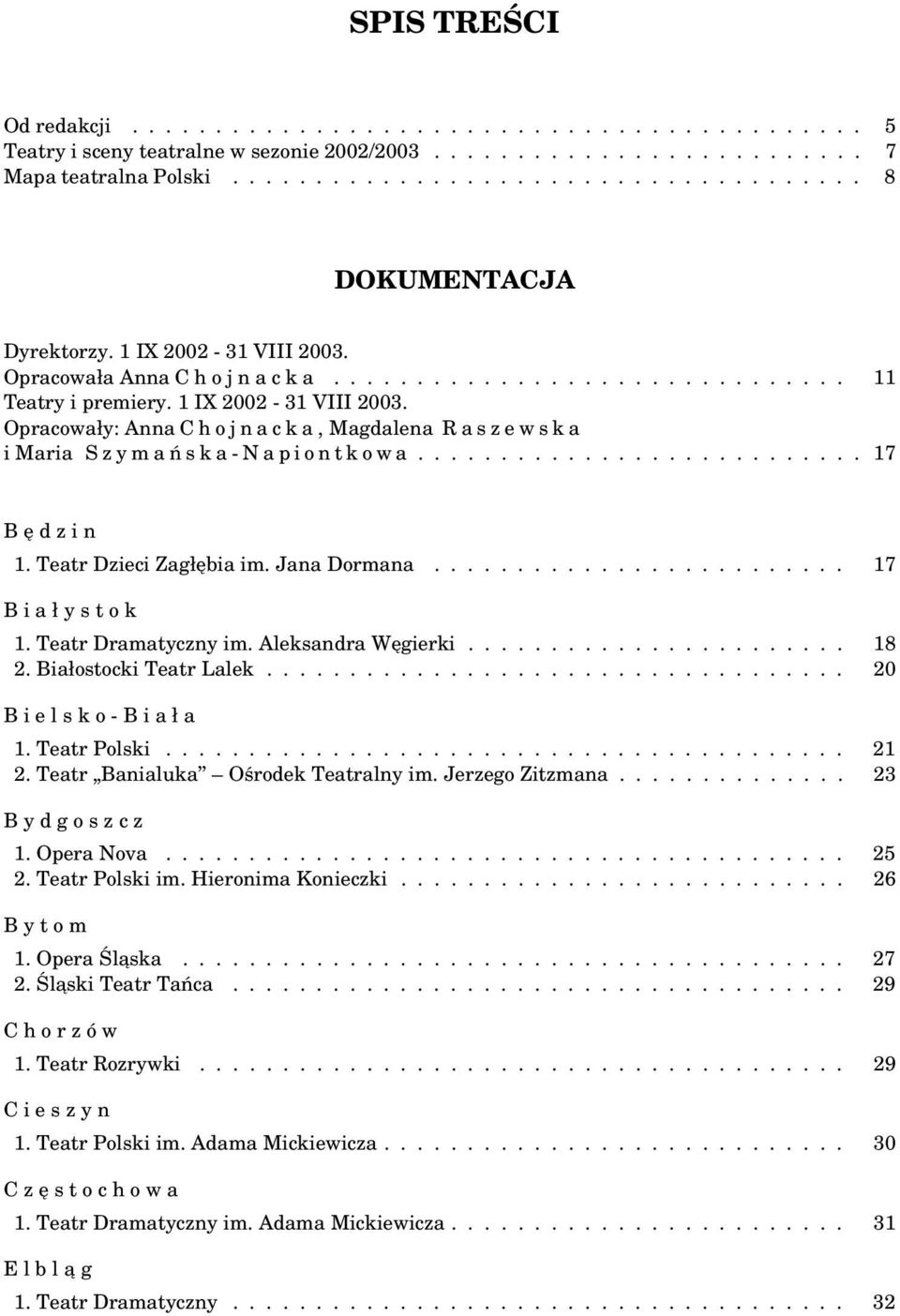 Opracowały: Anna C h o j n a c k a, Magdalena R a s z e w s k a i Maria S z y m a ń s k a - N a p i o n t k o w a........................... 17 B ę d z i n 1. Teatr Dzieci Zagłębia im. Jana Dormana.