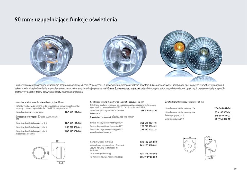 świetlnej wynoszącym 90 mm. Szyby rozpraszające ze szkła lub tworzywa sztucznego bez układów optycznych dopasowują się w sposób perfekcyjny do reflektorów głównych z oferty z naszego programu.