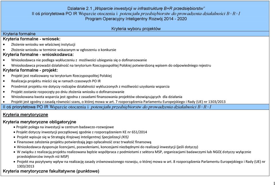 Rozwój 2014-2020 Kryteria wyboru projektów Kryteria formalne Kryteria formalne - wniosek: Złożenie wniosku we właściwej instytucji Złożenie wniosku w terminie wskazanym w ogłoszeniu o konkursie