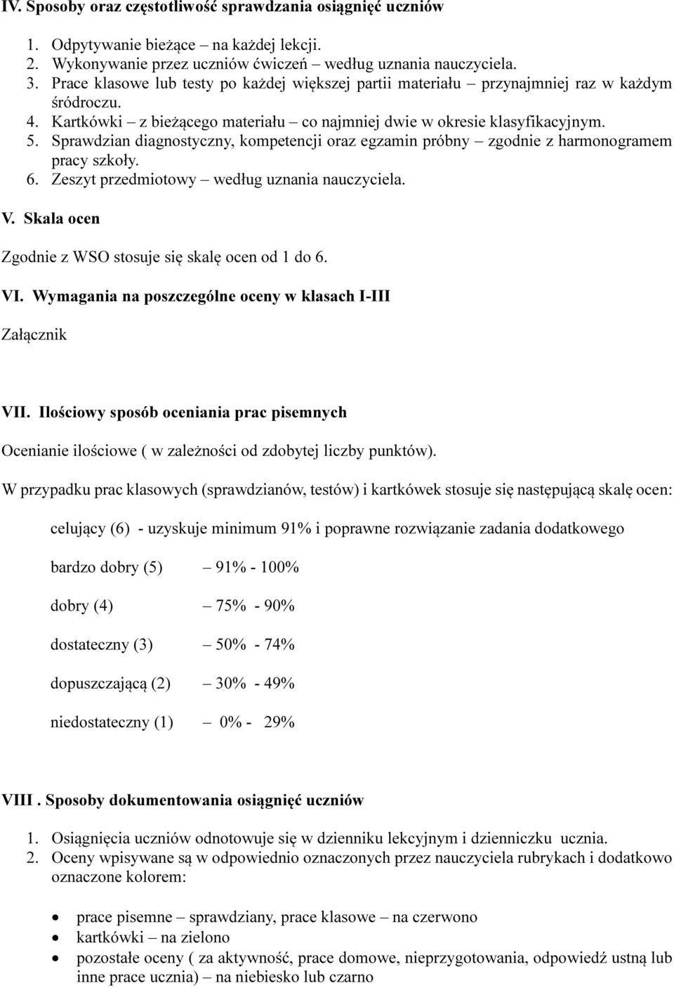 Sprawdzian diagnostyczny, kompetencji oraz egzamin próbny zgodnie z harmonogramem pracy szkoły. 6. Zeszyt przedmiotowy według uznania nauczyciela. V.