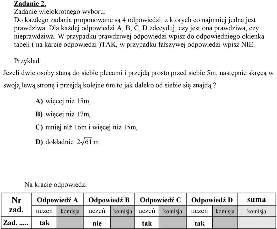 W przypadku prawdziwej odpowiedzi wpisz do odpowiedniego okienka tabeli ( na karcie odpowiedzi )TAK, w przypadku fałszywej odpowiedzi wpisz NIE.