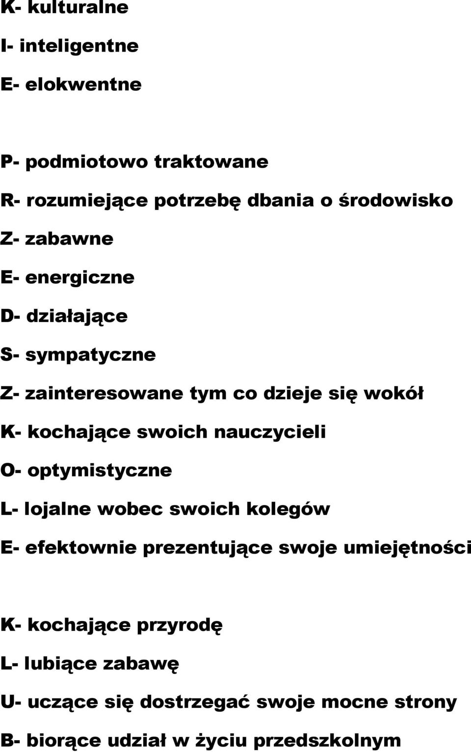 swoich nauczycieli O- optymistyczne L- lojalne wobec swoich kolegów E- efektownie prezentujące swoje umiejętności