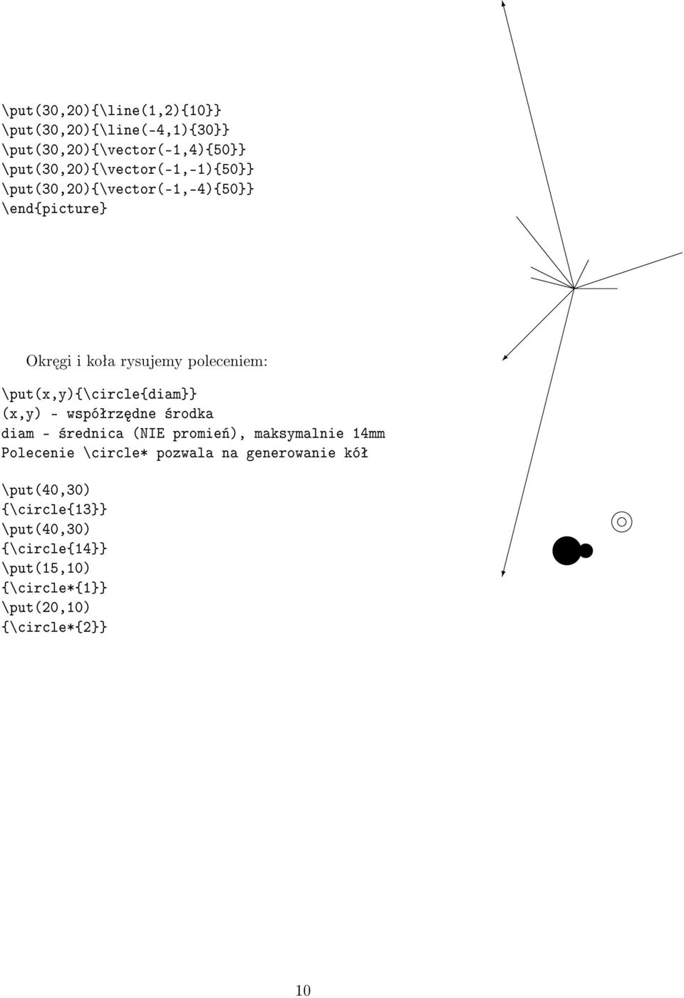 \put(x,y){\circle{diam}} (x,y) wspóªrz dne ±rodka diam ±rednica (NIE promie«), maksymalnie 14mm Polecenie
