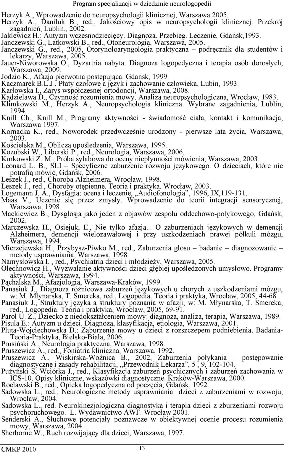 Jauer-Niworowska O., Dyzartria nabyta. Diagnoza logopedyczna i terapia osób dorosłych, Warszawa, 2009. Jodzio K., Afazja pierwotna postępująca. Gdańsk, 1999. Kaczmarek B.L.J., Płaty czołowe a język i zachowanie człowieka, Lubin, 1993.