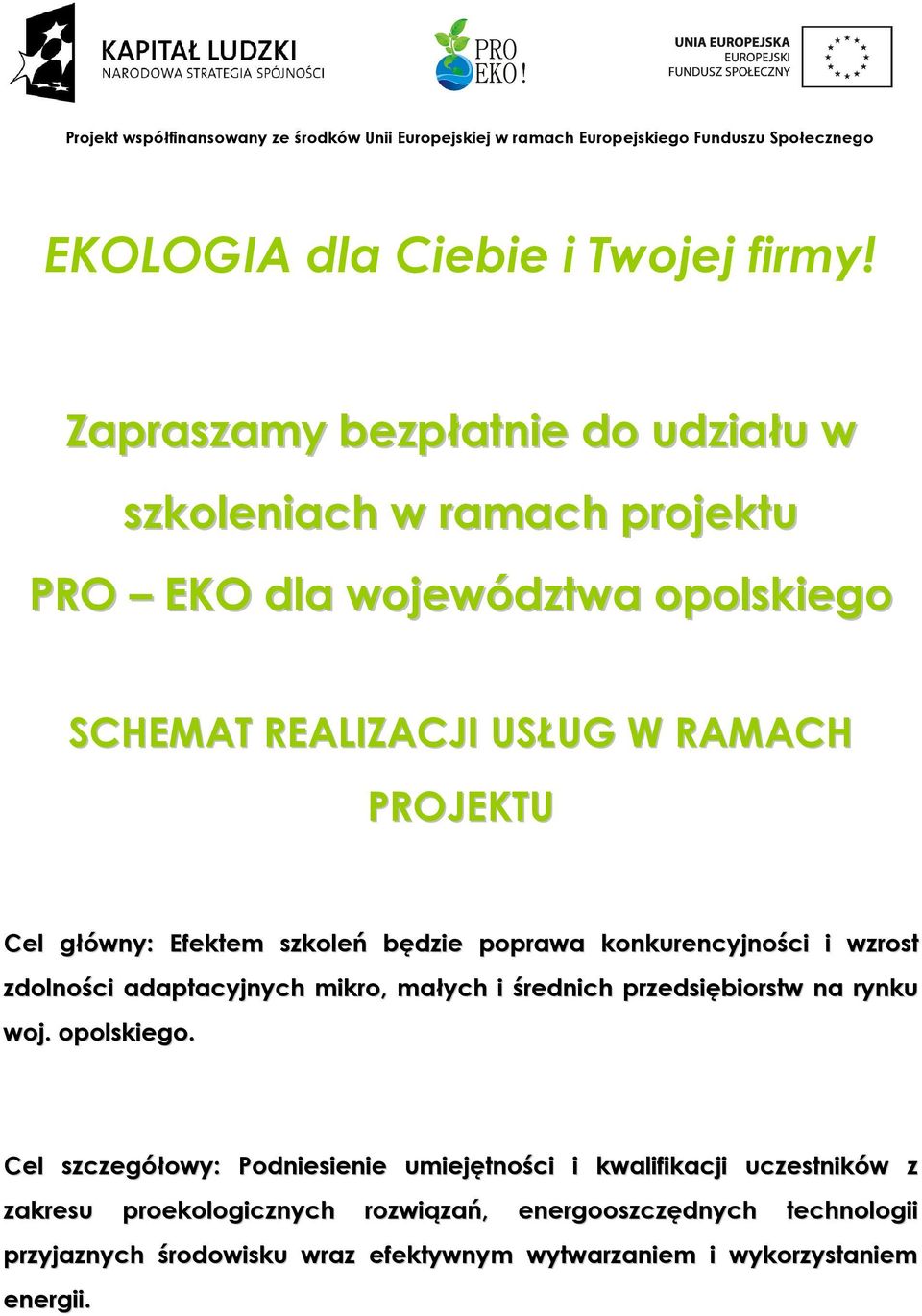 PROJEKTU Cel główny: Efektem szkoleń będzie poprawa konkurencyjności i wzrost zdolności adaptacyjnych mikro, małych i średnich