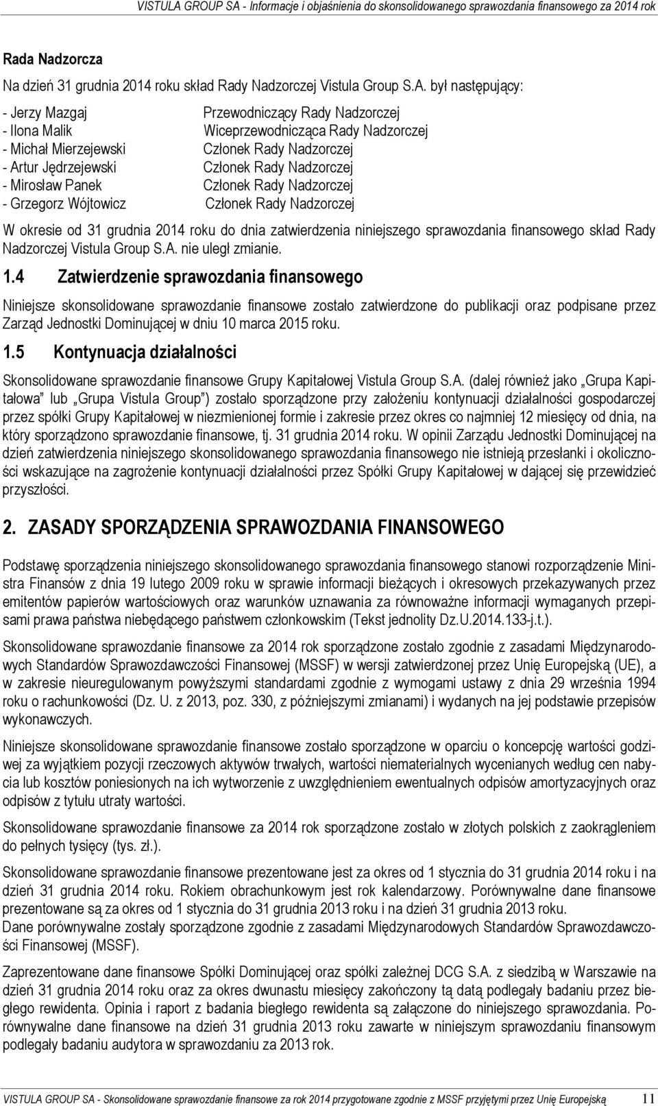 Nadzorczej - Mirosław Panek Członek Rady Nadzorczej - Grzegorz Wójtowicz Członek Rady Nadzorczej W okresie od 31 grudnia 2014 roku do dnia zatwierdzenia niniejszego sprawozdania finansowego skład