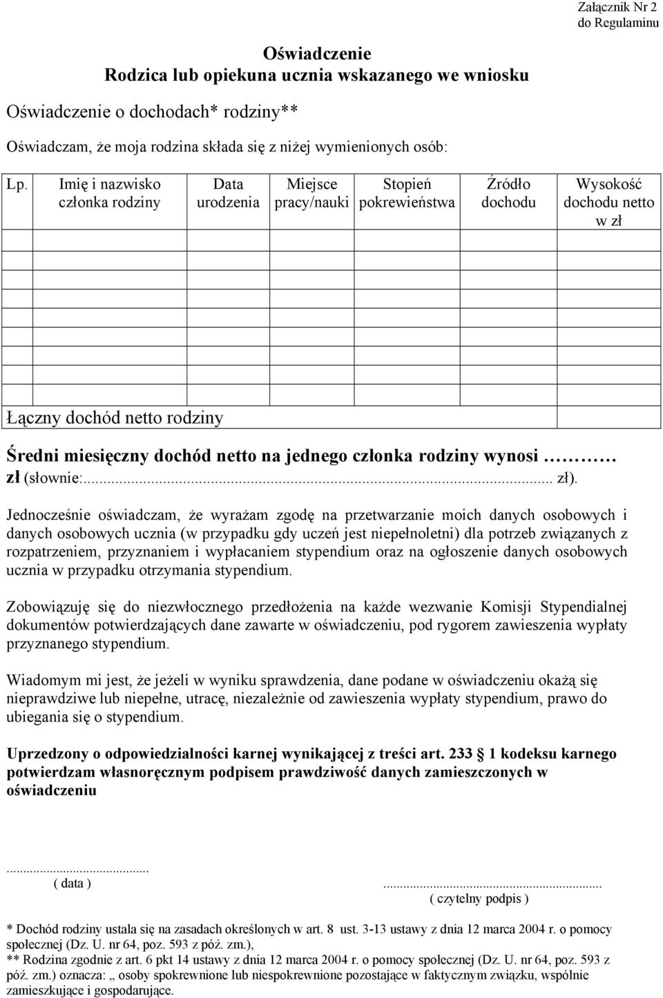 jednego członka rodziny wynosi zł (słownie:... zł).