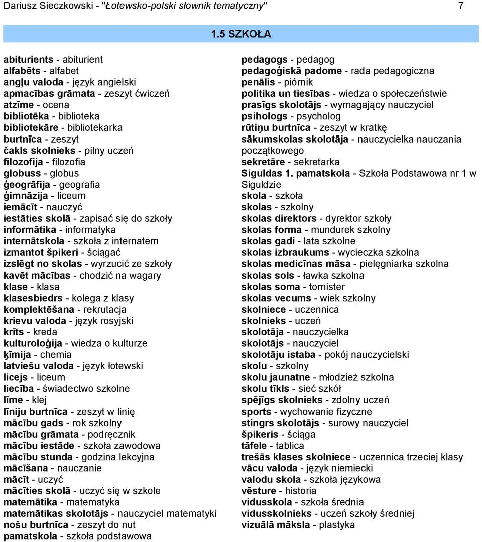 zeszyt čakls skolnieks - pilny uczeń filozofija - filozofia globuss - globus ģeogrāfija - geografia ģimnāzija - liceum iemācīt - nauczyć iestāties skolā - zapisać się do szkoły informātika -