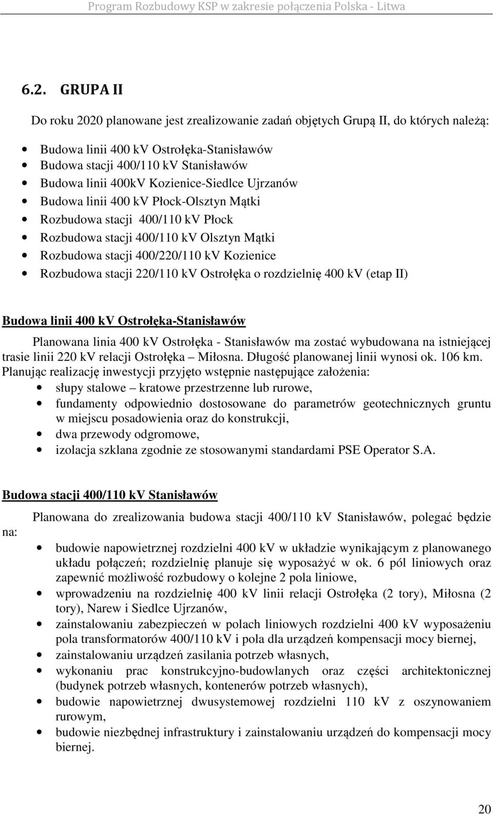 stacji 220/110 kv Ostrołęka o rozdzielnię 400 kv (etap II) Budowa linii 400 kv Ostrołęka-Stanisławów Planowana linia 400 kv Ostrołęka - Stanisławów ma zostać wybudowana na istniejącej trasie linii