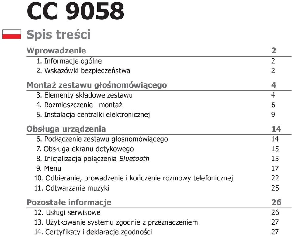 Podłączenie zestawu głośnomówiącego 14 7. Obsługa ekranu dotykowego 15 8. Inicjalizacja połączenia Bluetooth 15 9. Menu 17 10.
