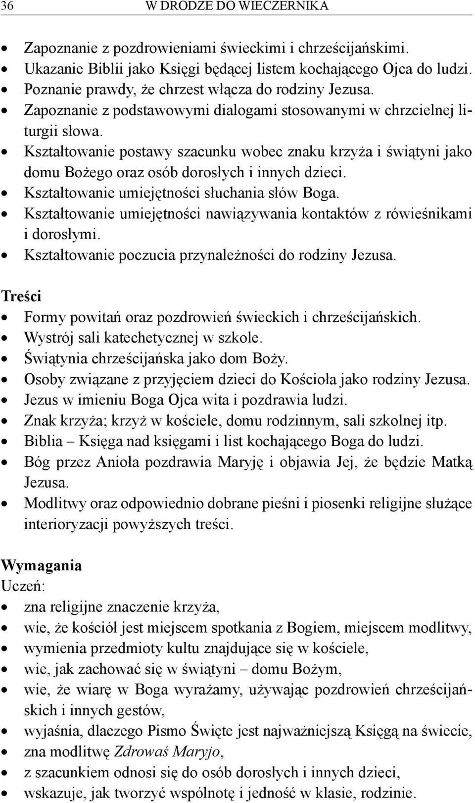 Kształtowanie postawy szacunku wobec znaku krzyża i świątyni jako domu Bożego oraz osób dorosłych i innych dzieci. Kształtowanie umiejętności słuchania słów Boga.