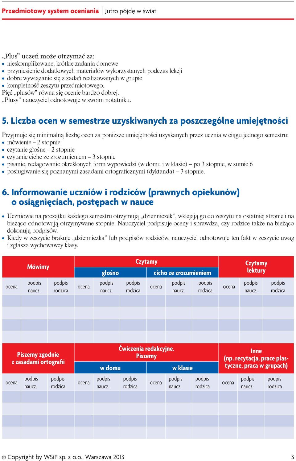 ocen w semestrze uzyskiwanych za poszczególne umiejętności Przyjmuje się minimalną liczbę ocen za poniższe umiejętności uzyskanych przez ucznia w ciągu jednego semestru: mówienie 2 stopnie czytanie