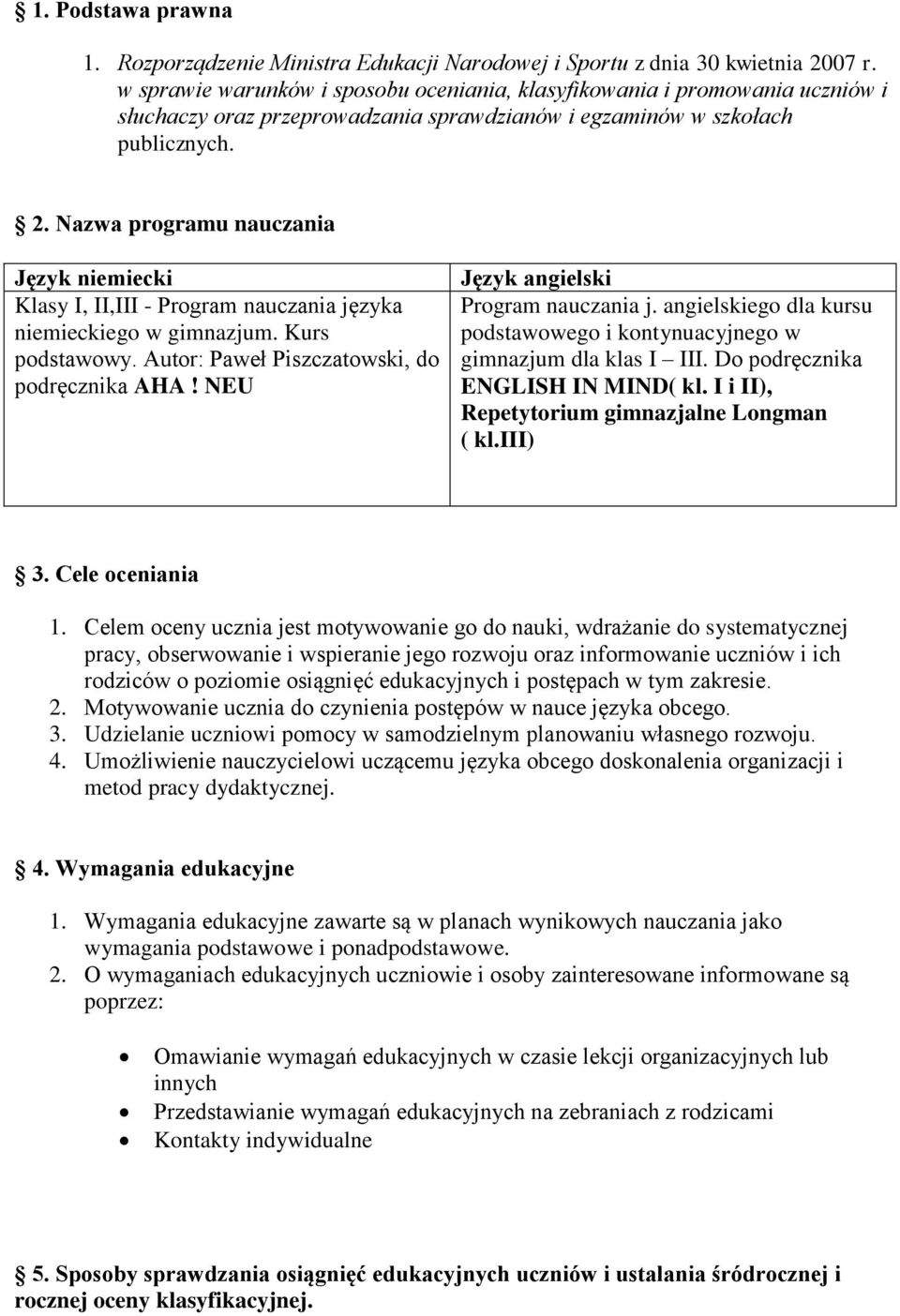 Nazwa programu nauczania Język niemiecki Klasy I, II,III - Program nauczania języka niemieckiego w gimnazjum. Kurs podstawowy. Autor: Paweł Piszczatowski, do podręcznika AHA!