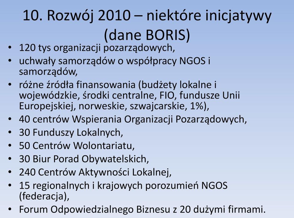 1%), 40 centrów Wspierania Organizacji Pozarządowych, 30 Funduszy Lokalnych, 50 Centrów Wolontariatu, 30 Biur Porad Obywatelskich, 240