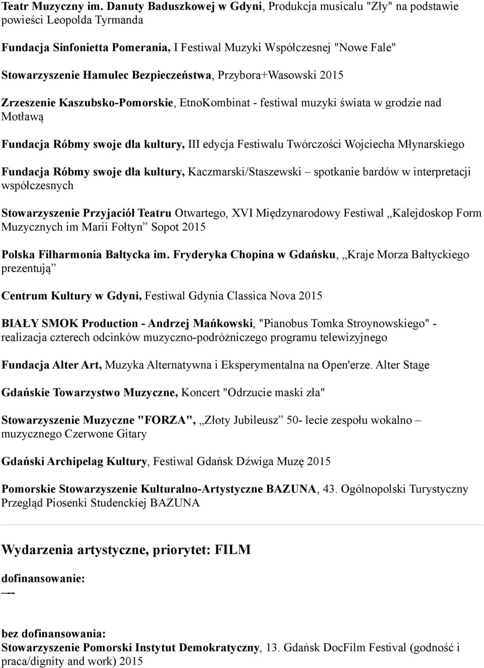 Bezpieczeństwa, Przybora+Wasowski 2015 Zrzeszenie Kaszubsko-Pomorskie, EtnoKombinat - festiwal muzyki świata w grodzie nad Motławą Fundacja Róbmy swoje dla kultury, III edycja Festiwalu Twórczości