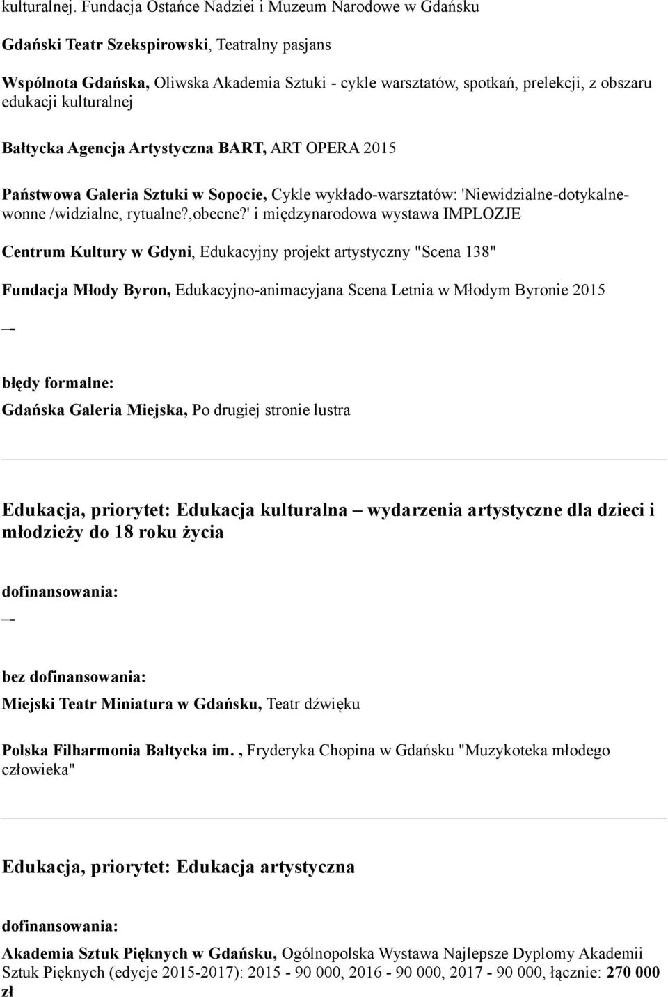 edukacji kulturalnej Bałtycka Agencja Artystyczna BART, ART OPERA 2015 Państwowa Galeria Sztuki w Sopocie, Cykle wykłado-warsztatów: 'Niewidzialne-dotykalnewonne /widzialne, rytualne?,obecne?