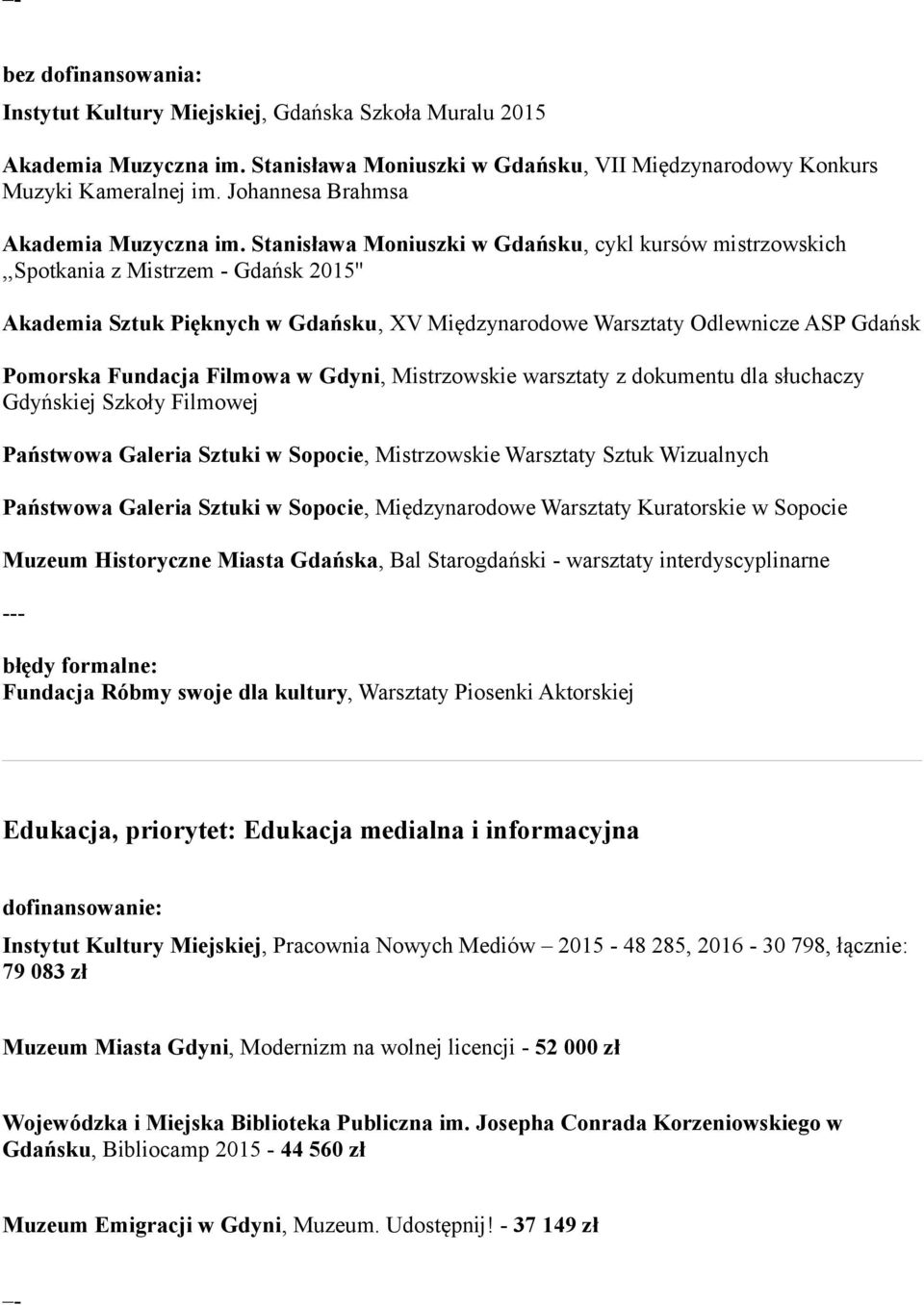 Filmowa w Gdyni, Mistrzowskie warsztaty z dokumentu dla słuchaczy Gdyńskiej Szkoły Filmowej Państwowa Galeria Sztuki w Sopocie, Mistrzowskie Warsztaty Sztuk Wizualnych Państwowa Galeria Sztuki w