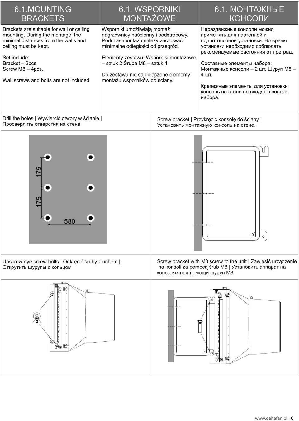 Unscrew eye screw bolts Odkręcić śruby z uchem Открутить шурупы с кольцом Screw bracket with M8 screw to the unit