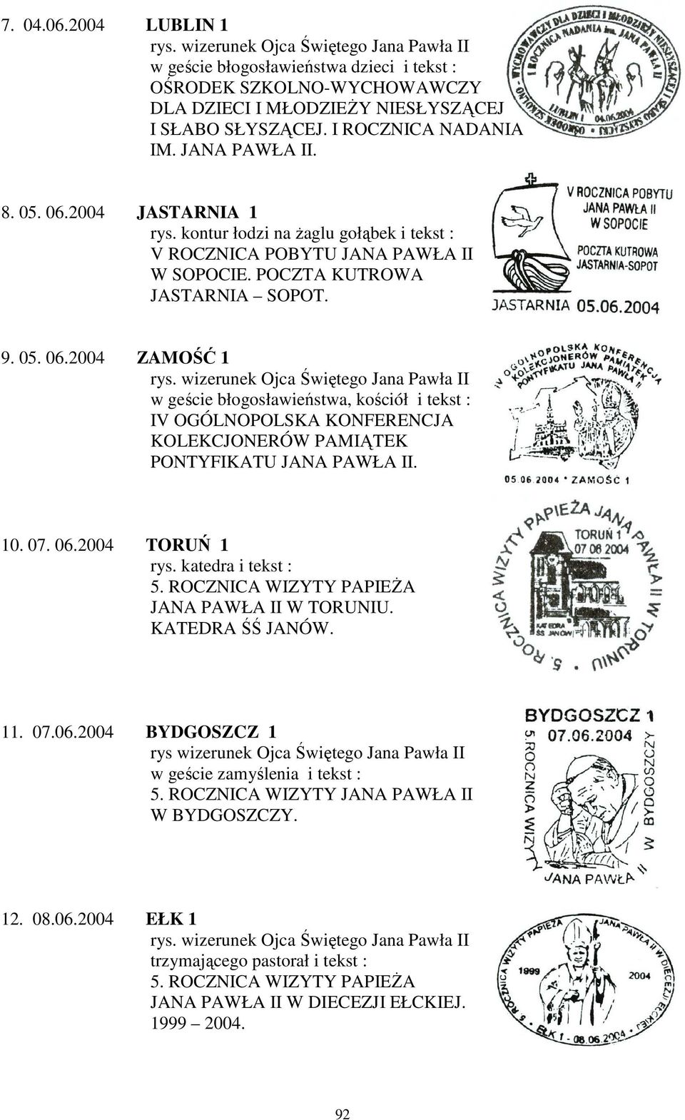 2004 ZAMOŚĆ 1 w geście błogosławieństwa, kościół i tekst : IV OGÓLNOPOLSKA KONFERENCJA KOLEKCJONERÓW PAMIĄTEK PONTYFIKATU 10. 07. 06.2004 TORUŃ 1 rys. katedra i tekst : 5.