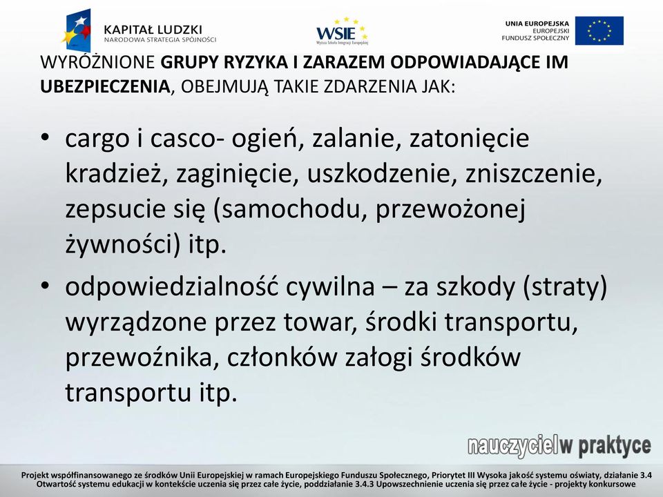 zepsucie się (samochodu, przewożonej żywności) itp.