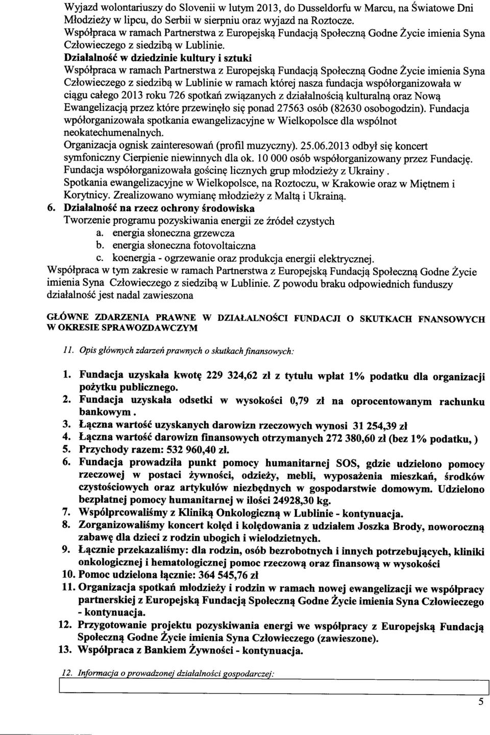 Dzialalno56 w dziedzinie kultury i sztuki Wsp6lpraca w ramach Partnerstwa z Europejskq Fundacj4 Spoleczn4 Godne Zycie imienia Syna CzNowieczego z siedzibq w Lublinie w ramach kt6rej nasza fundacja