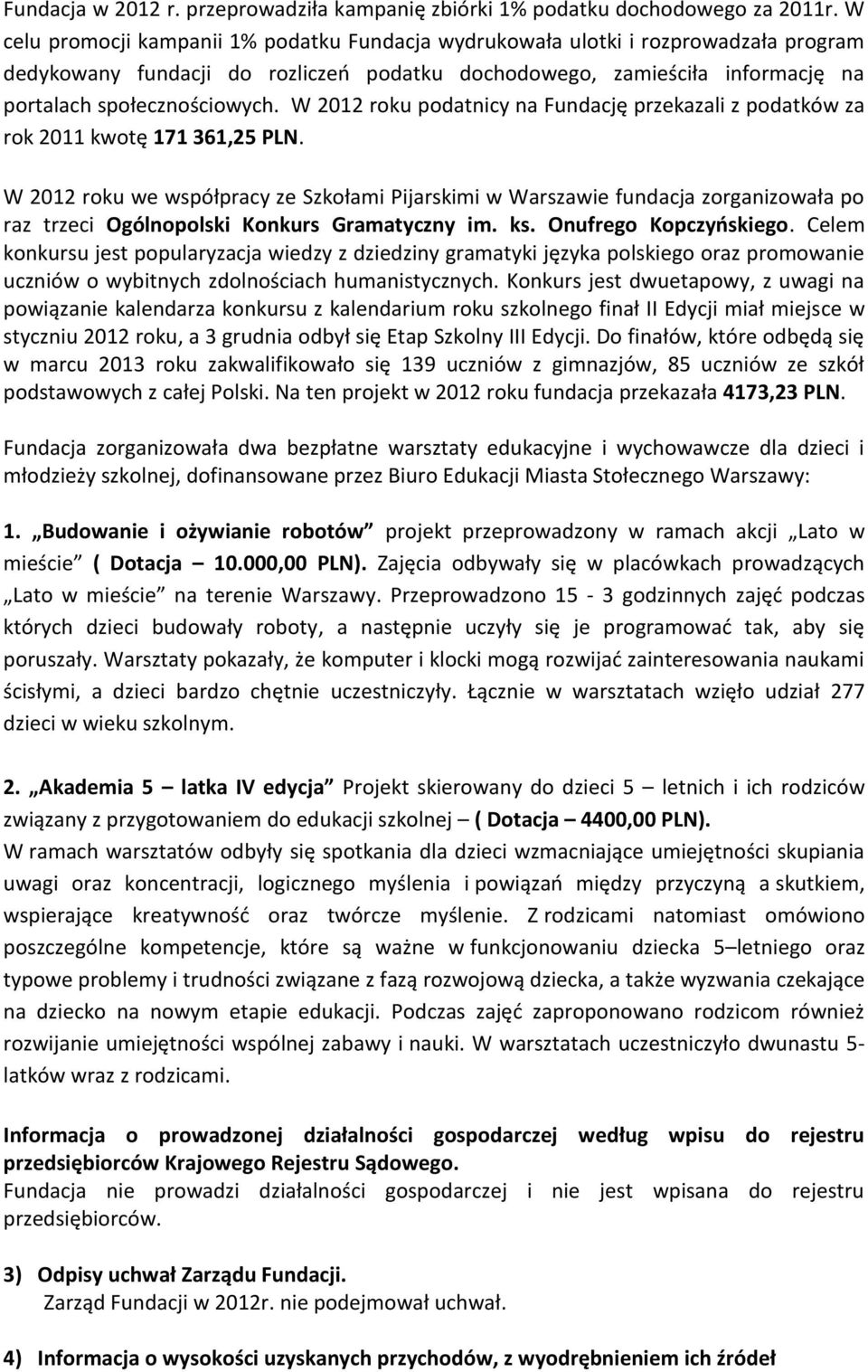 W 2012 roku podatnicy na Fundację przekazali z podatków za rok 2011 kwotę 171 361,25 PLN.