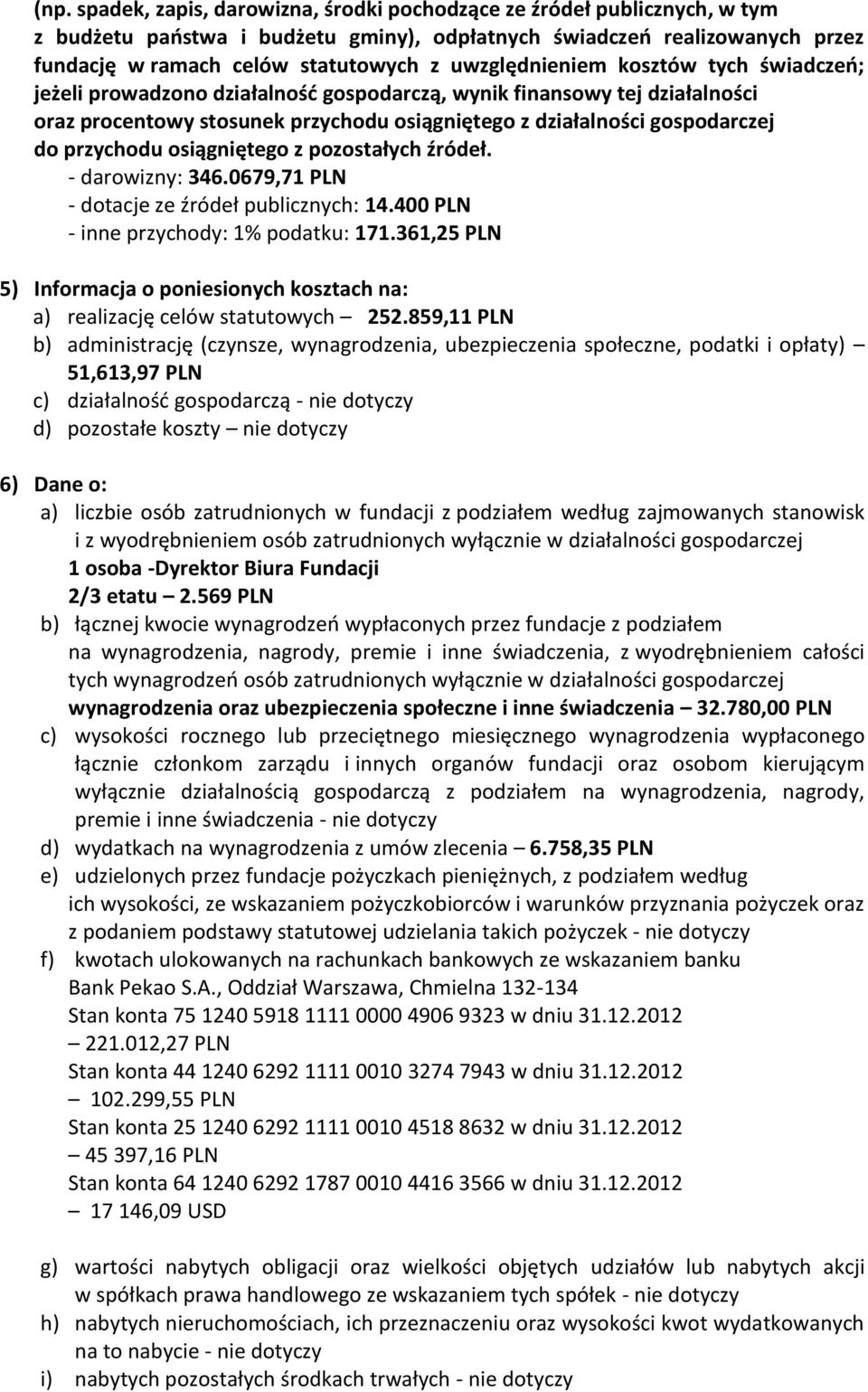 przychodu osiągniętego z pozostałych źródeł. - darowizny: 346.0679,71 PLN - dotacje ze źródeł publicznych: 14.400 PLN - inne przychody: 1% podatku: 171.