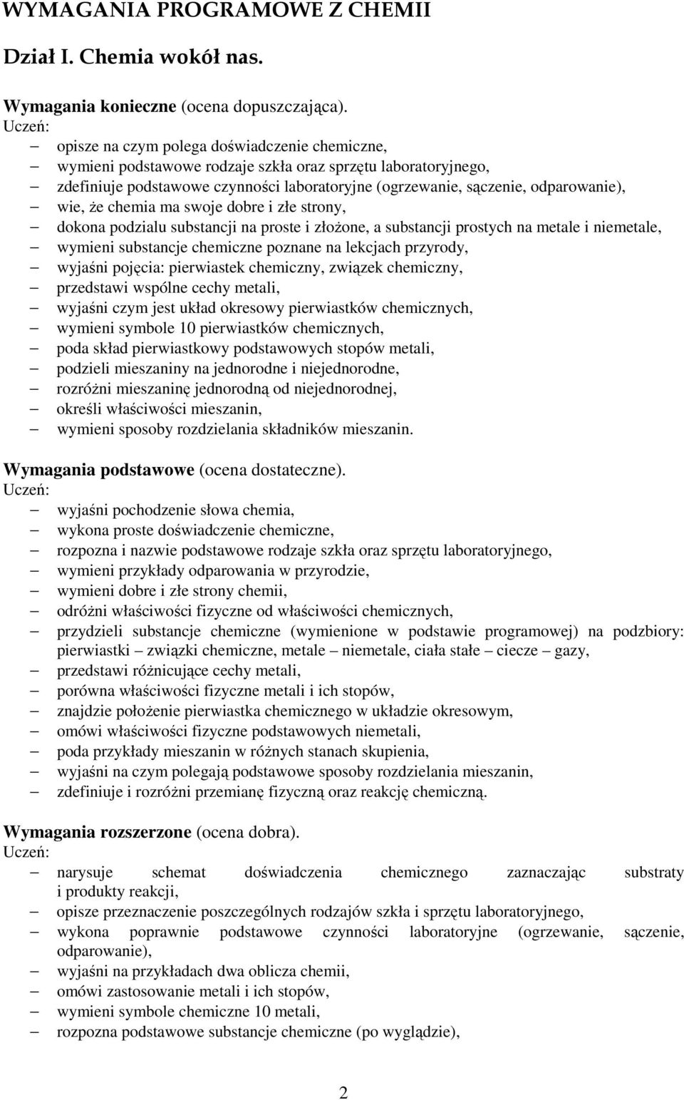 Ŝe chemia ma swoje dobre i złe strony, dokona podzialu substancji na proste i złoŝone, a substancji prostych na metale i niemetale, wymieni substancje chemiczne poznane na lekcjach przyrody, wyjaśni
