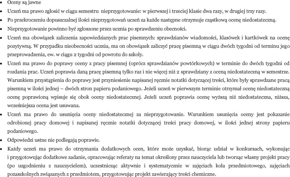 Uczeń ma obowiązek zaliczenia zapowiedzianych prac pisemnych: sprawdzianów wiadomości, klasówek i kartkówek na ocenę pozytywną.