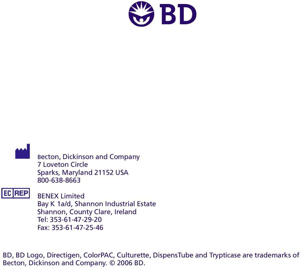 Clare, Ireland Tel: 353-61-47-29-20 Fax: 353-61-47-25-46 BD, BD Logo, Directigen,