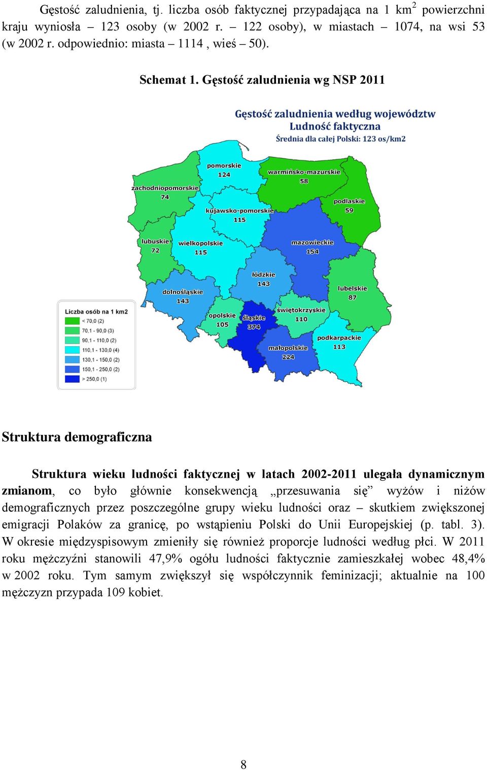 Gęstość zaludnienia wg NSP 2011 Struktura demograficzna Struktura wieku ludności faktycznej w latach 2002-2011 ulegała dynamicznym zmianom, co było głównie konsekwencją przesuwania się wyżów i niżów