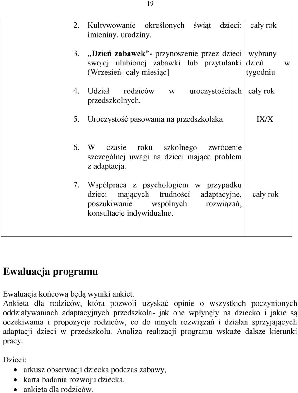 W czasie roku szkolnego zwrócenie szczególnej uwagi na dzieci mające problem z adaptacją. 7.