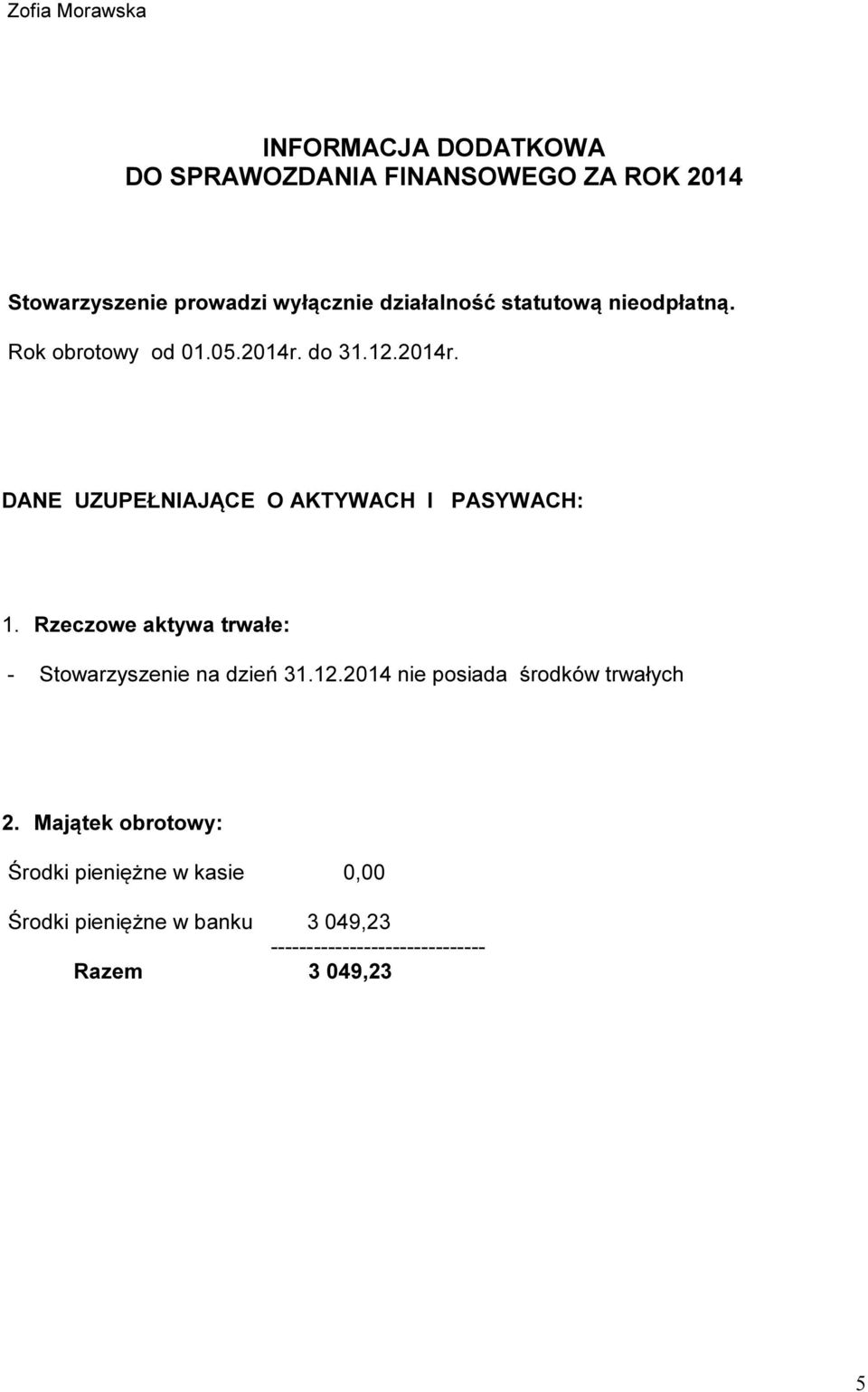 Rzeczowe aktywa trwałe: - Stowarzyszenie na dzień 31.12.2014 nie posiada środków trwałych 2.