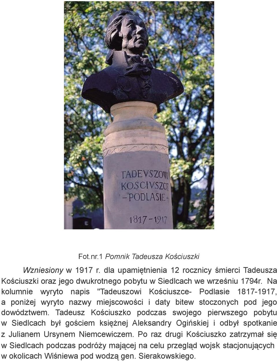 Na kolumnie wyryto napis "Tadeuszowi Kościuszce- Podlasie 1817-1917, a poniżej wyryto nazwy miejscowości i daty bitew stoczonych pod jego dowództwem.