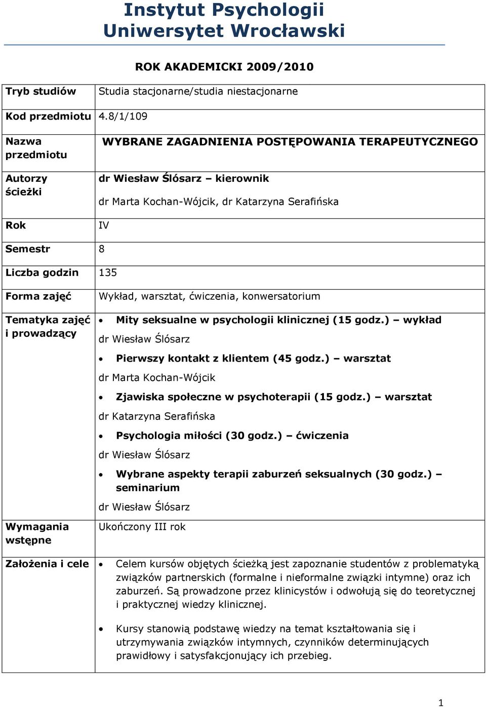 i prowadzący Wykład, warsztat, ćwiczenia, konwersatorium Mity seksualne w psychologii klinicznej (15 godz.) wykład Pierwszy kontakt z klientem (45 godz.