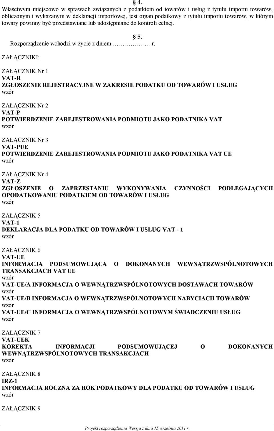 ZAŁĄCZNIKI: ZAŁĄCZNIK Nr 1 VAT-R ZGŁOSZENIE REJESTRACYJNE W ZAKRESIE PODATKU OD TOWARÓW I USŁUG wzór ZAŁĄCZNIK Nr 2 VAT-P POTWIERDZENIE ZAREJESTROWANIA PODMIOTU JAKO PODATNIKA VAT wzór ZAŁĄCZNIK Nr 3