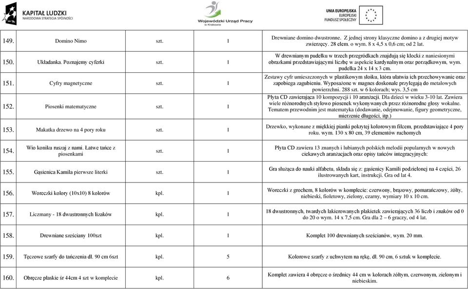 W drewnianym pudełku w trzech przegródkach znajdują się klocki z naniesionymi obrazkami przedstawiającymi liczbę w aspekcie kardynalnym oraz porządkowym, wym. pudełka 24 x 14 x 3 cm.