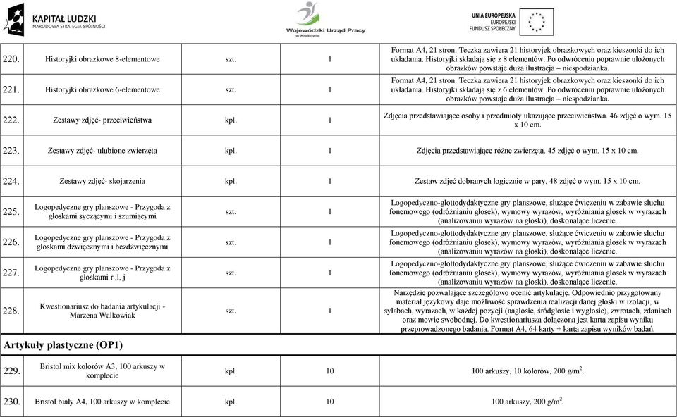 Format A4, 21 stron. Teczka zawiera 21 historyjek obrazkowych oraz kieszonki do ich układania. Historyjki składają się z 6 elementów.