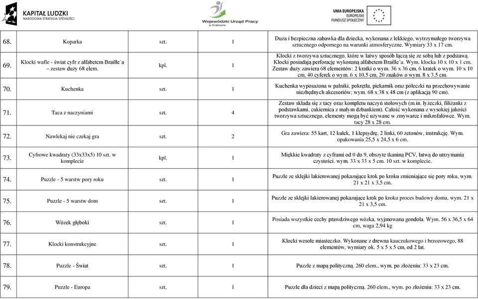 Klocki posiadają perforację wykonaną alfabetem Braille a. Wym. klocka 10 x 10 x 1 cm. Zestaw duży zawiera 68 elementów: 2 kratki o wym. 36 x 36 cm, 6 kratek o wym. 10 x 10 cm, 40 cyferek o wym.