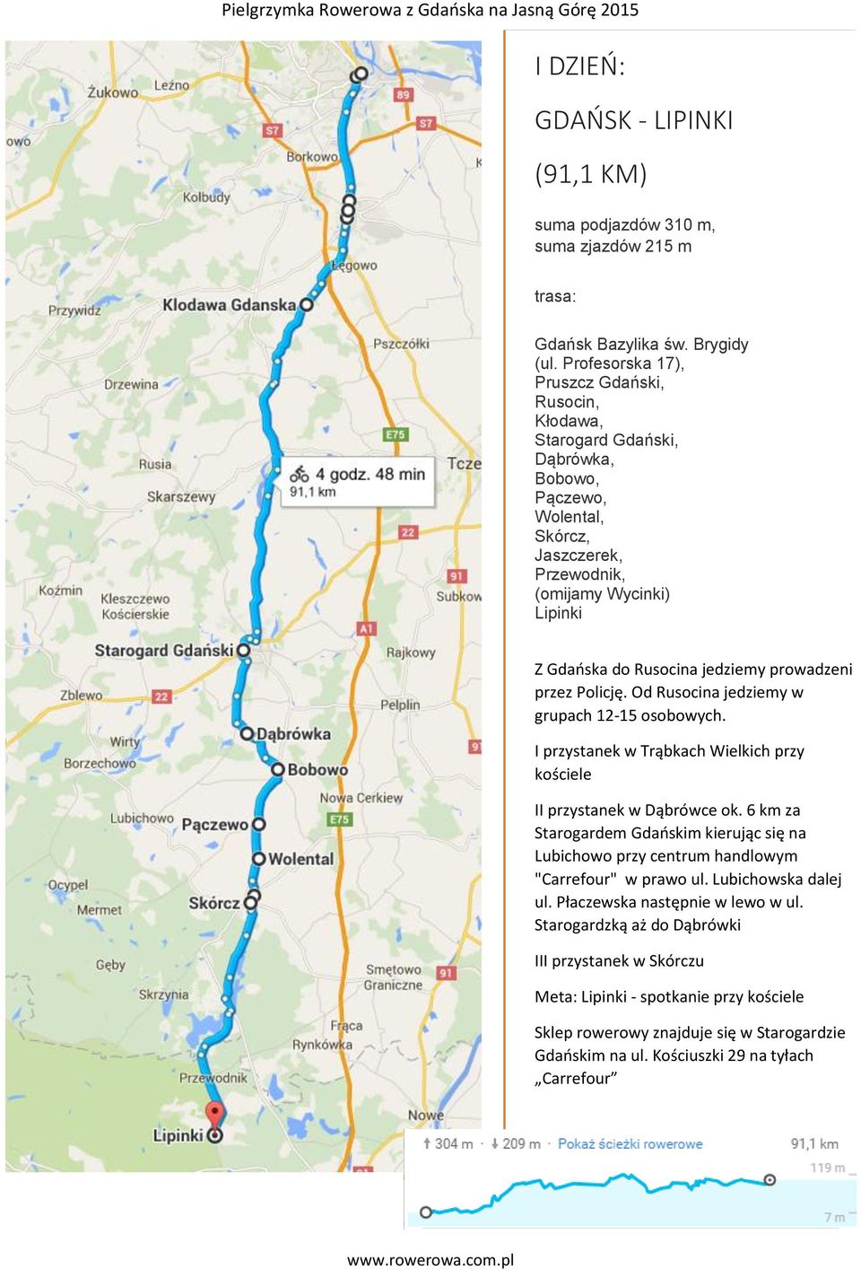 prowadzeni przez Policję. Od Rusocina jedziemy w grupach 12-15 osobowych. I przystanek w Trąbkach Wielkich przy kościele II przystanek w Dąbrówce ok.