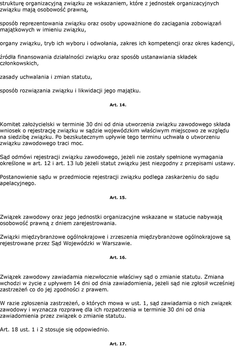 członkowskich, zasady uchwalania i zmian statutu, sposób rozwiązania związku i likwidacji jego majątku. Art. 14.