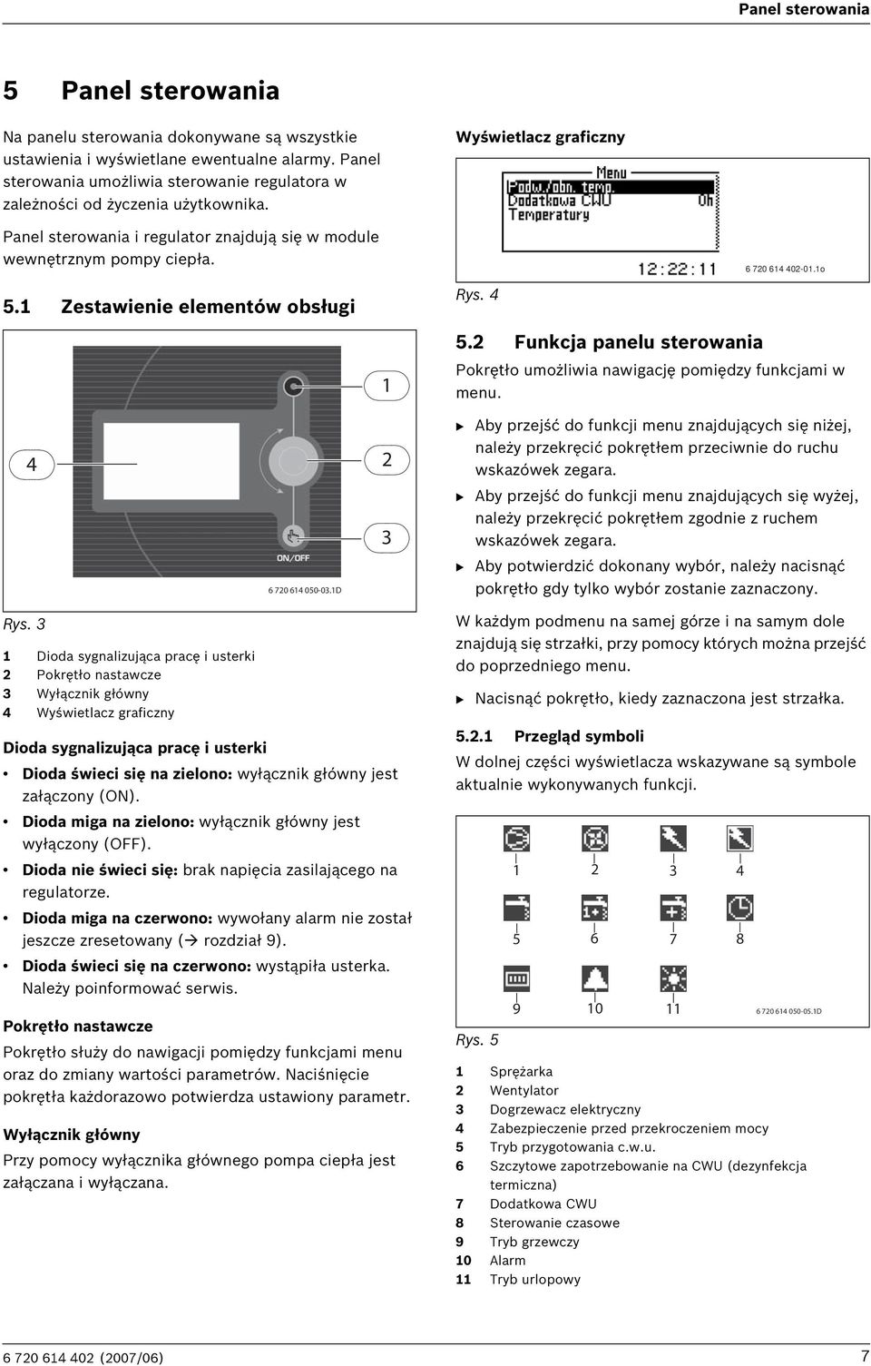 1 Zestawienie elementów obsługi 1 Wyświetlacz graficzny Rys. 4 5.2 Funkcja panelu sterowania 6 720 614 402-01.1o Pokrętło umożliwia nawigację pomiędzy funkcjami w menu. 4 6 720 614 050-03.