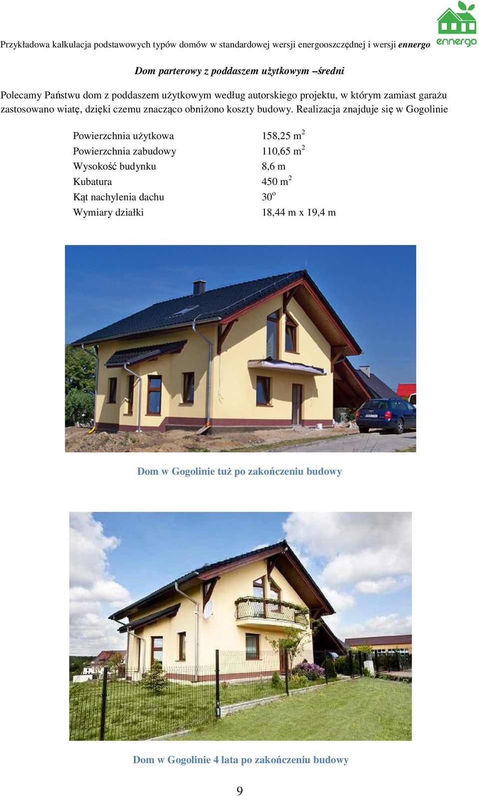 Realizacja znajduje się w Gogolinie Powierzchnia użytkowa 158,25 m 2 Powierzchnia zabudowy 110,65 m 2 Wysokość budynku 8,6
