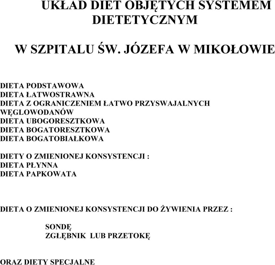 WĘGLOWODANÓW DIETA UBOGORESZTKOWA DIETA BOGATORESZTKOWA DIETA BOGATOBIAŁKOWA DIETY O ZMIENIONEJ