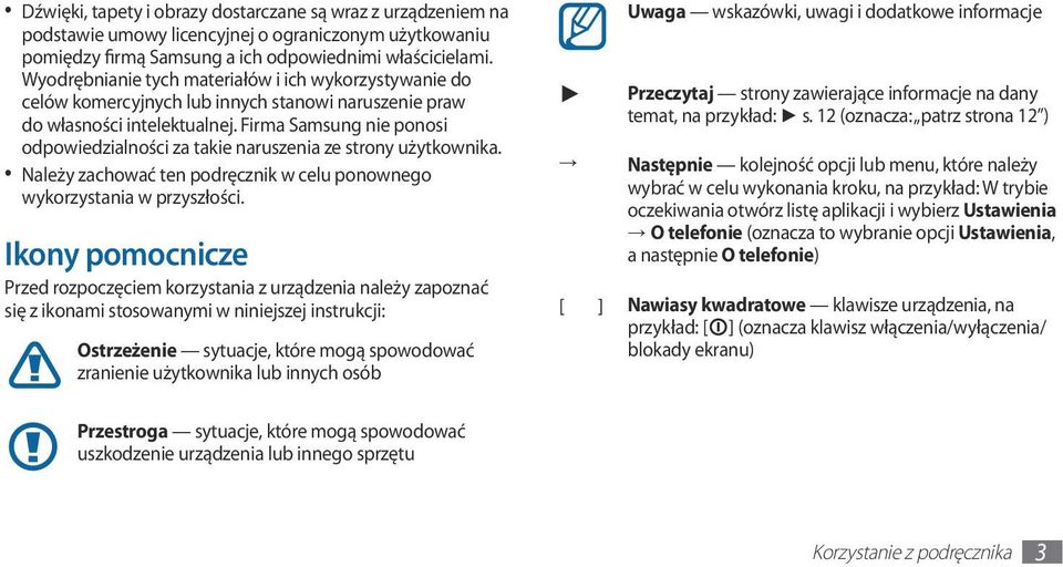 Firma Samsung nie ponosi odpowiedzialności za takie naruszenia ze strony użytkownika. Należy zachować ten podręcznik w celu ponownego wykorzystania w przyszłości.