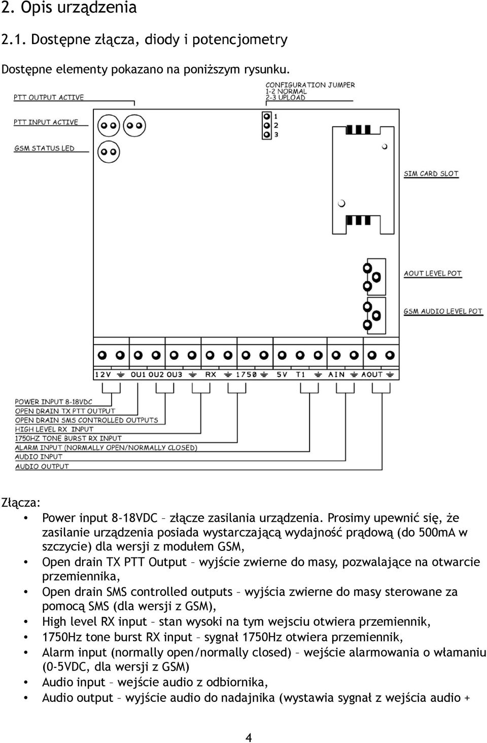 otwarcie przemiennika, Open drain SMS controlled outputs wyjścia zwierne do masy sterowane za pomocą SMS (dla wersji z GSM), High level RX input stan wysoki na tym wejsciu otwiera przemiennik, 1750Hz