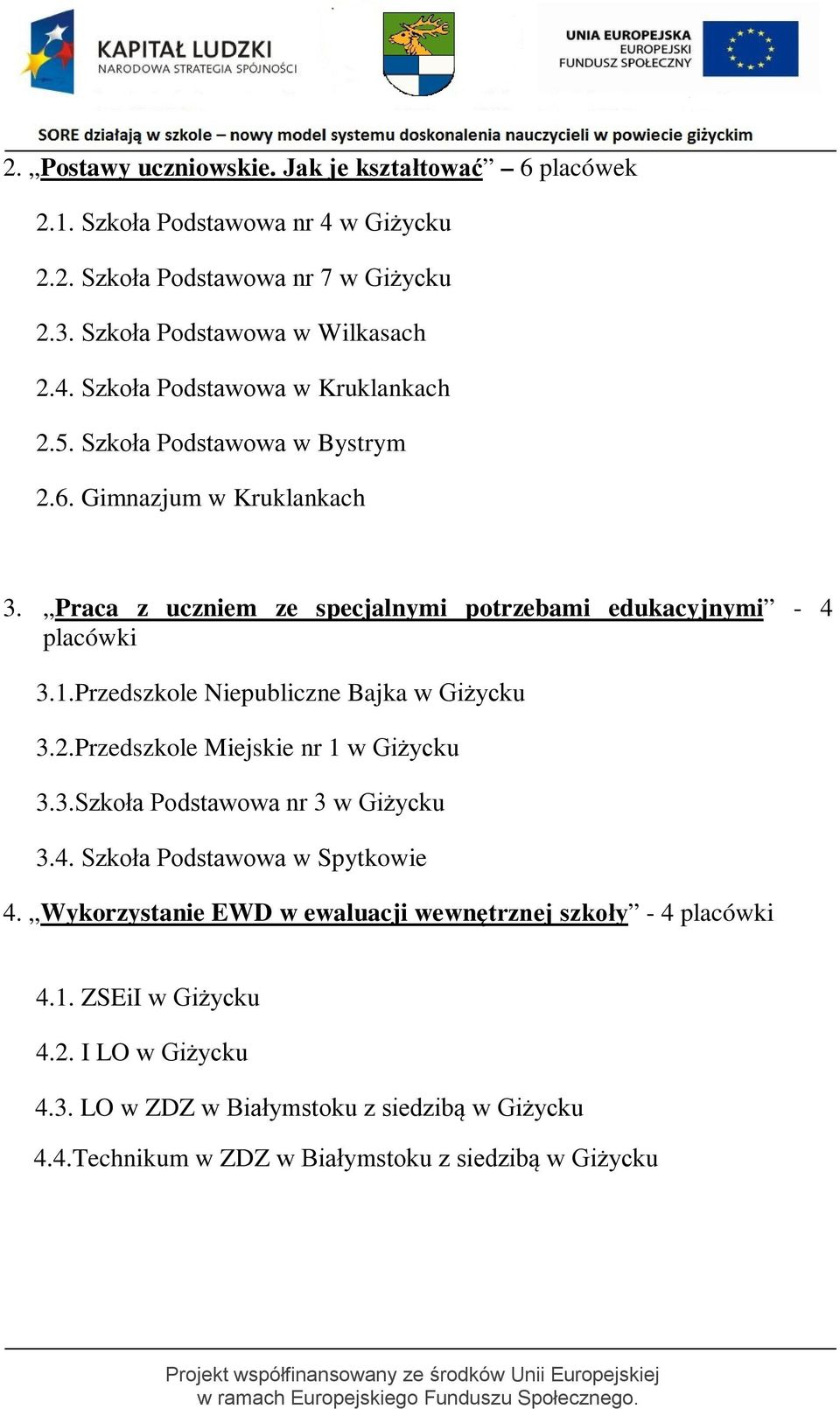 Przedszkole Niepubliczne Bajka w Giżycku 3.2.Przedszkole Miejskie nr 1 w Giżycku 3.3.Szkoła Podstawowa nr 3 w Giżycku 3.4. Szkoła Podstawowa w Spytkowie 4.