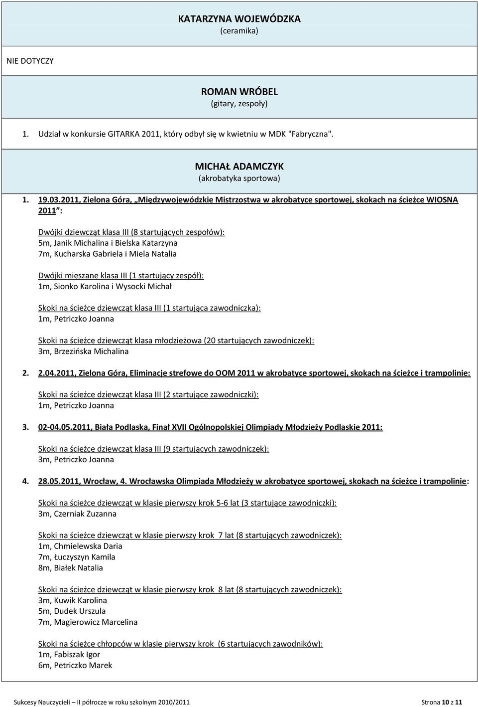 2011, Zielona Góra, Międzywojewódzkie Mistrzostwa w akrobatyce sportowej, skokach na ścieżce WIOSNA 2011 : Dwójki dziewcząt klasa III (8 startujących zespołów): 5m, Janik Michalina i Bielska