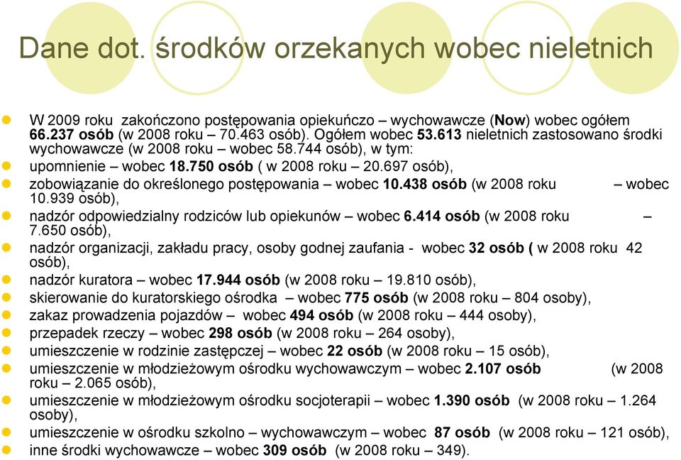 438 osób (w 2008 roku wobec 10.939 osób), nadzór odpowiedzialny rodziców lub opiekunów wobec 6.414 osób (w 2008 roku 7.