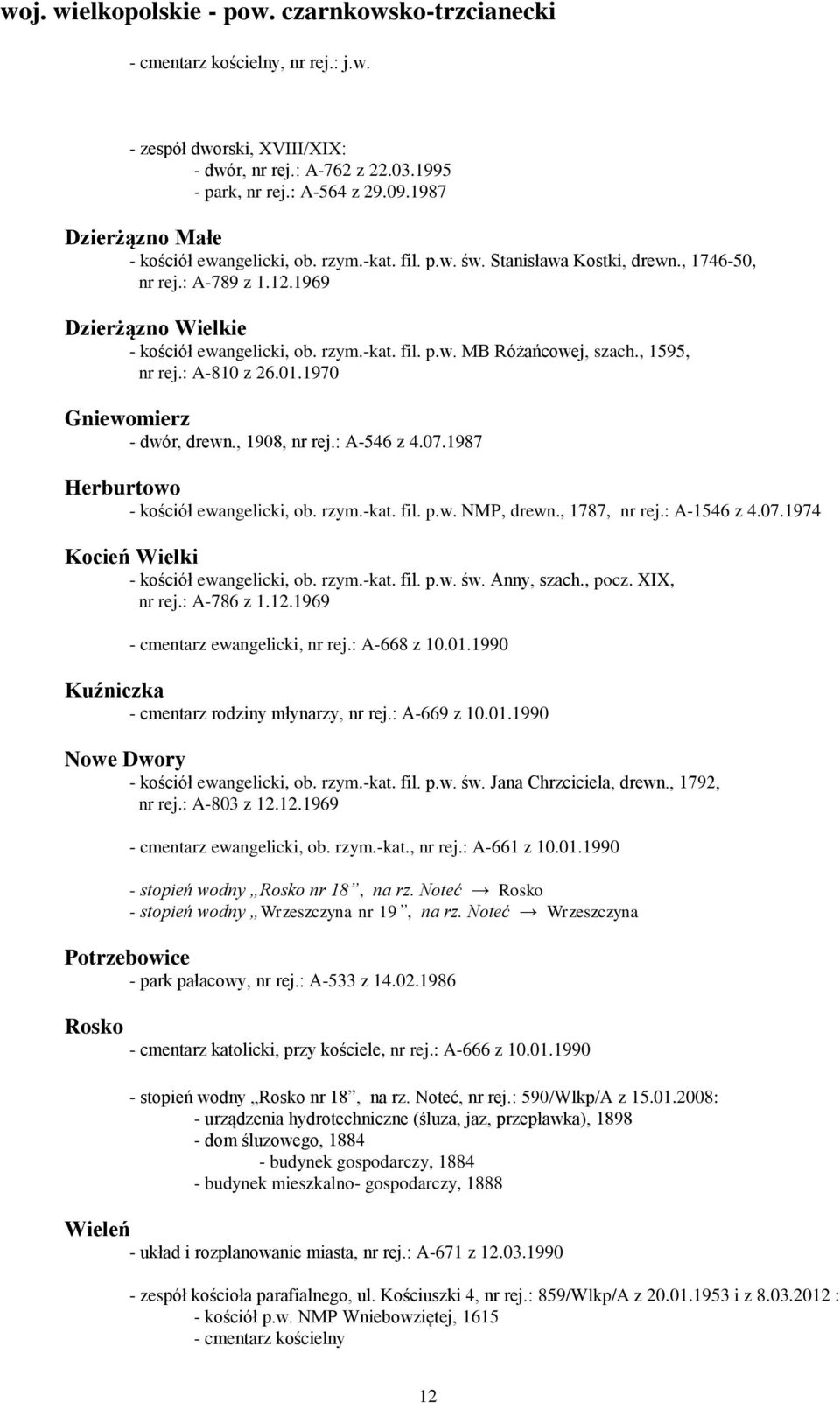 , 1595, nr rej.: A-810 z 26.01.1970 Gniewomierz - dwór, drewn., 1908, nr rej.: A-546 z 4.07.1987 Herburtowo - kościół ewangelicki, ob. rzym.-kat. fil. p.w. NMP, drewn., 1787, nr rej.: A-1546 z 4.07.1974 Kocień Wielki - kościół ewangelicki, ob.